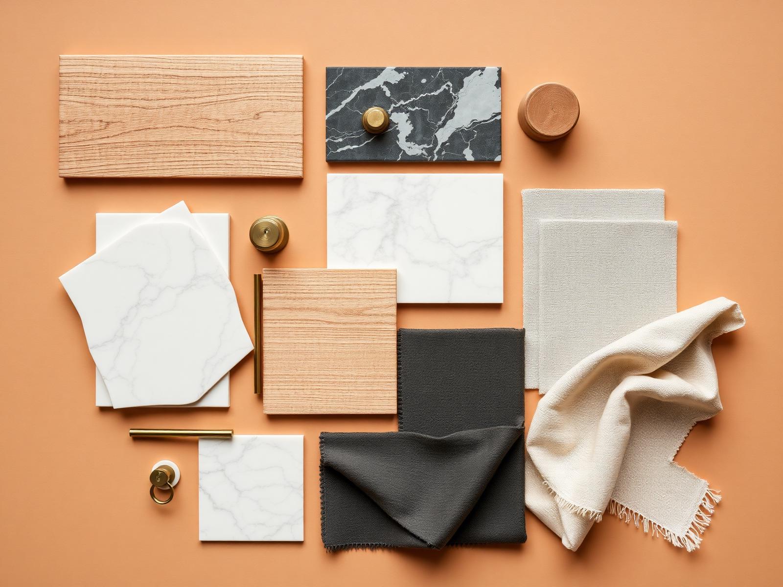 Interior design materials — wood, marble, brass and fabric samples
